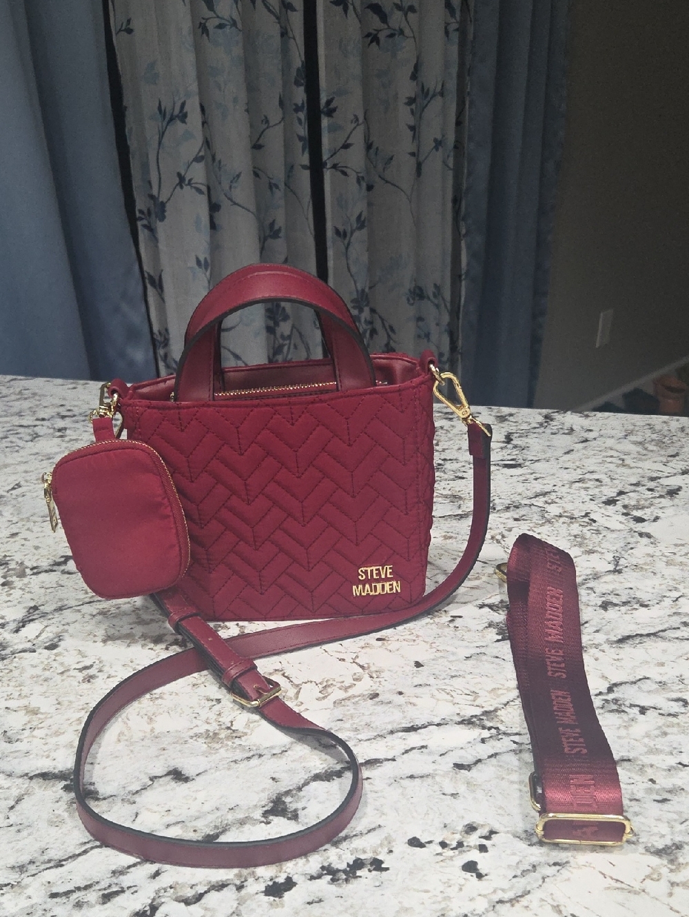 Steve Madden Quilted Burgundy Crossbody Bag with Gold Hardware